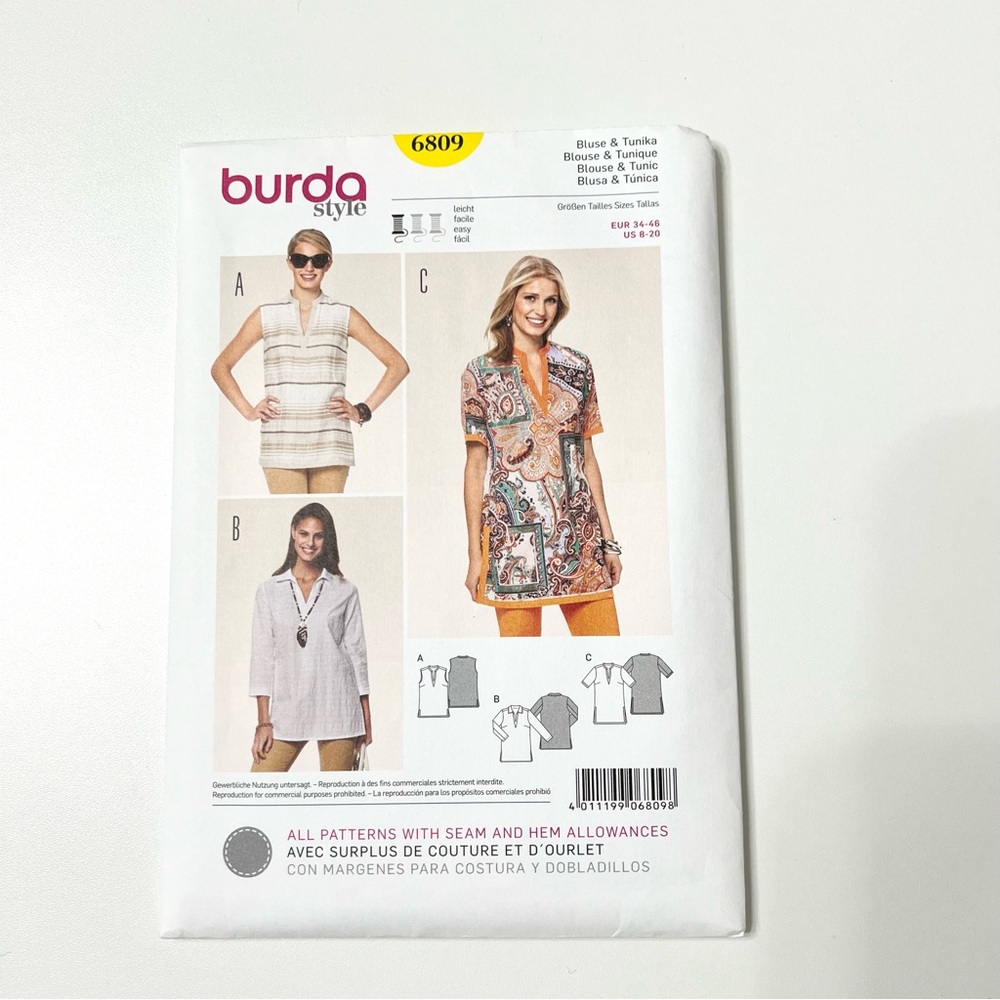 Burda Style 6809 Blouse & Tunic Sewing Pattern | Easy | US 8–20